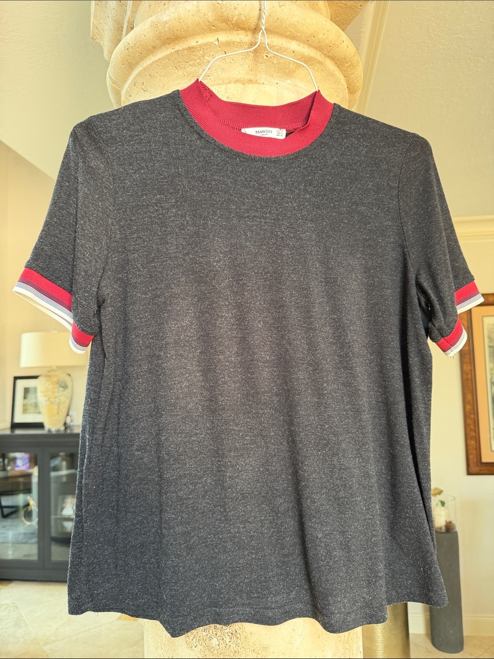 Mango Women’s Charcoal T‑Shirt with Burgundy and White Trim Sz Small